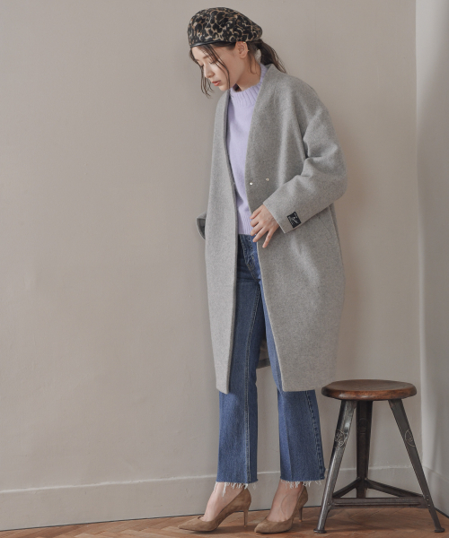 「mysty woman」 ノーカラーコート MEDIUM ライトブラウン レディース_画像4