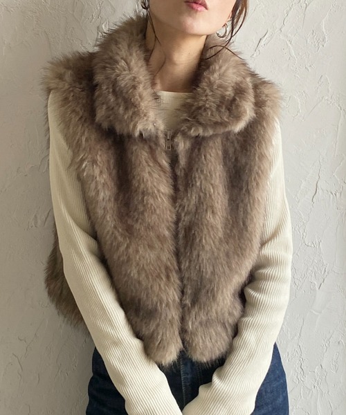 She's Closet ベスト ジレ 2wayスタンドネックショート丈ダブルジップ