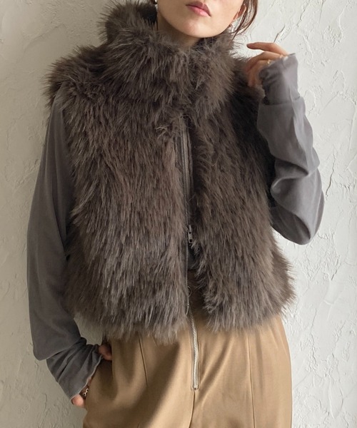 She's Closet ベスト ジレ 2wayスタンドネックショート丈ダブルジップ
