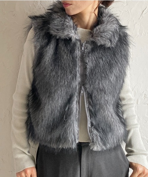 She's Closet ベスト ジレ 2wayスタンドネックショート丈ダブルジップ