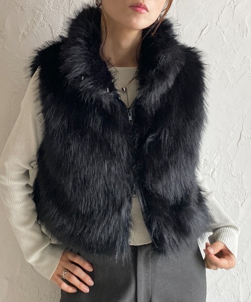 She's Closet ベスト ジレ 2wayスタンドネックショート丈ダブルジップ