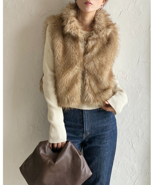 フェイクファースタンドジレ フェイクファーベスト ジレ ブラウン ESICA She's Closet ベスト ジレ 2wayスタンドネックショート丈ダブルジップ