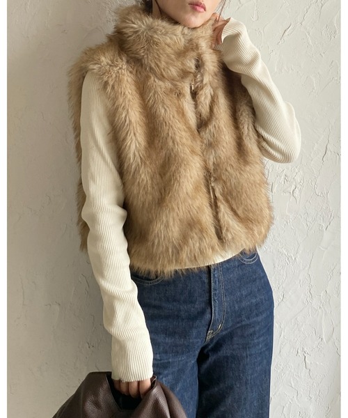 She's Closet ベスト ジレ 2wayスタンドネックショート丈ダブルジップ