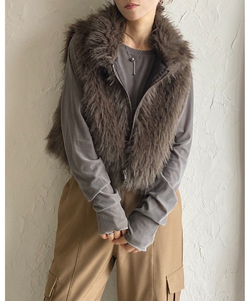 She's Closet ベスト ジレ 2wayスタンドネックショート丈ダブルジップ