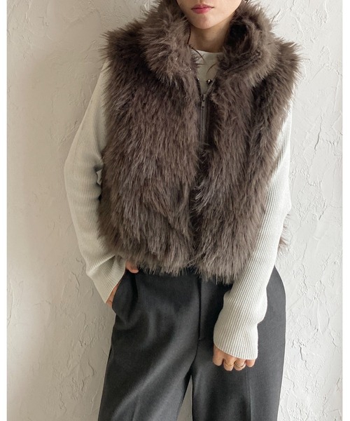 She's Closet ベスト ジレ 2wayスタンドネックショート丈ダブルジップ