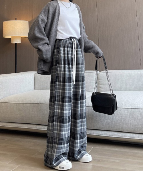 miniministore スラックス パンツ チェック柄パンツハイウエストワイド