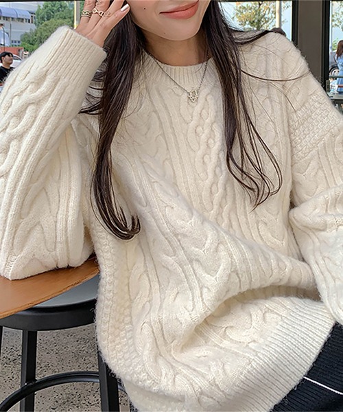 BLANC FICELLE ニット セーター ケーブル編み クルーネック レディース