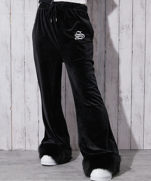 パンツ 「裾ファー×ベロア素材」レディース フレアパンツ セットアップ