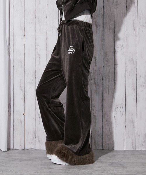 パンツ 「裾ファー×ベロア素材」レディース フレアパンツ セットアップ