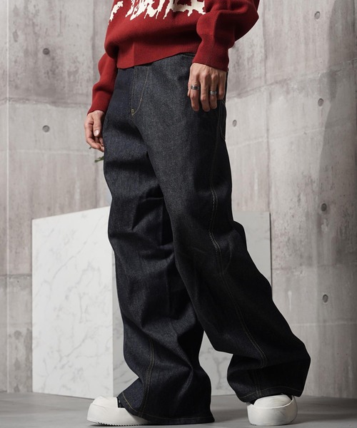 BASISBROEKラップデザインデニムCindy ワイドフェード バギーパンツ ワイドパンツ ジーンズ デニム バギー カーブパンツ / Denim Baggy