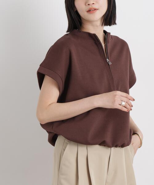 tシャツ 接触冷感ダンボールカットハーフジップトップス(セットアップ可) レディースの画像