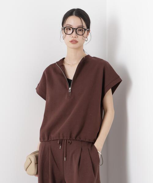 tシャツ 接触冷感ダンボールカットハーフジップトップス(セットアップ可) レディースの画像