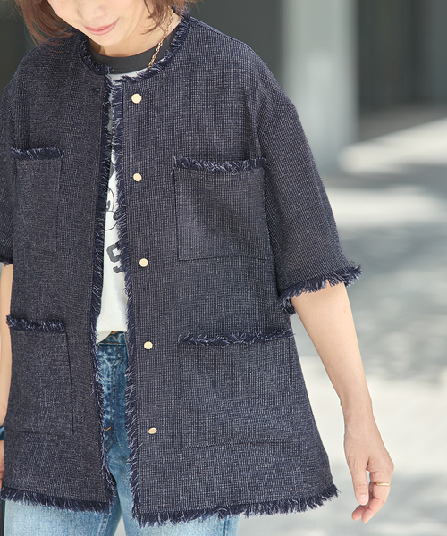 ジャケット ノーカラージャケット TWEEDY MESH ショートスリーブジャケット レディースの画像