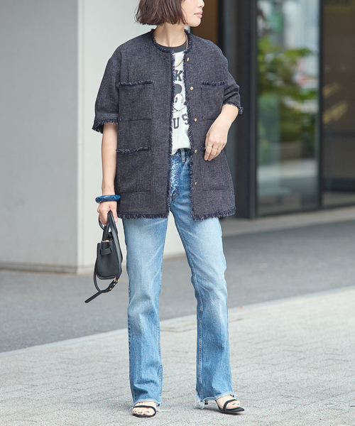 ジャケット ノーカラージャケット TWEEDY MESH ショートスリーブジャケット レディースの画像