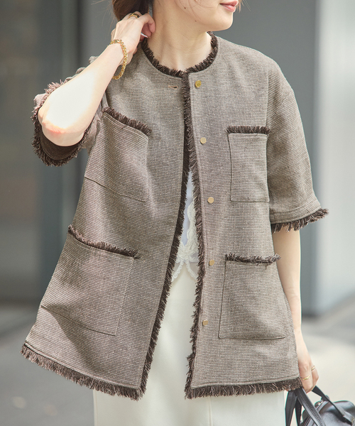 ジャケット ノーカラージャケット TWEEDY MESH ショートスリーブジャケット レディースの画像