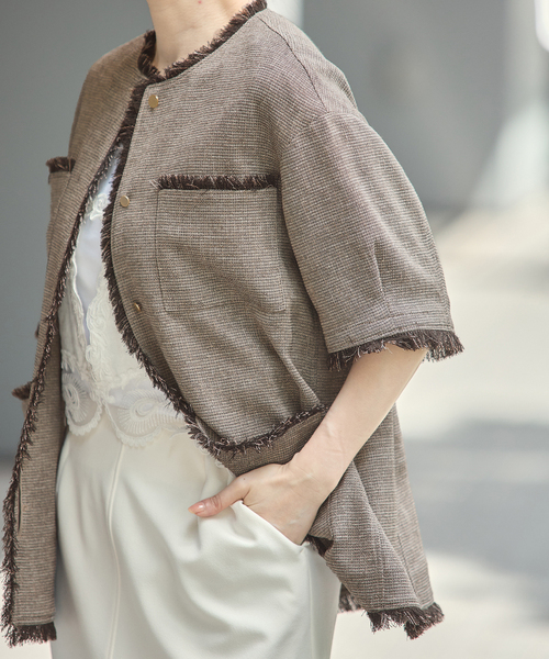 ジャケット ノーカラージャケット TWEEDY MESH ショートスリーブジャケット レディースの画像