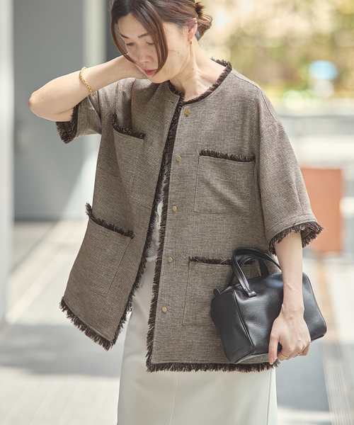 ジャケット ノーカラージャケット TWEEDY MESH ショートスリーブジャケット レディースの画像