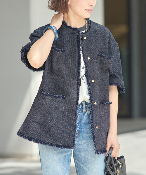 ジャケット ノーカラージャケット TWEEDY MESH ショートスリーブジャケット レディースの画像