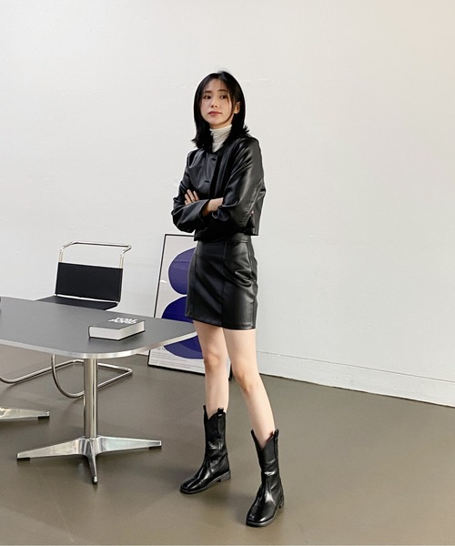 by muni:r ワンピース ショートノーカラレザージャケット＋