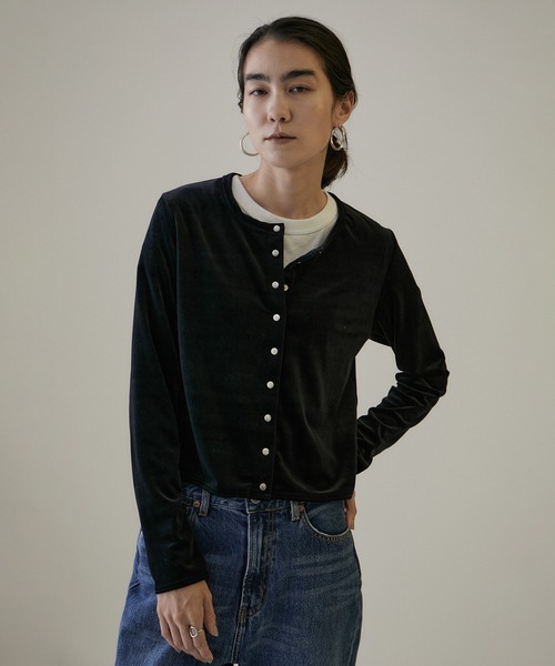 カーディガン 「雑誌掲載」クロップドベロアクルーネックカーディガン  