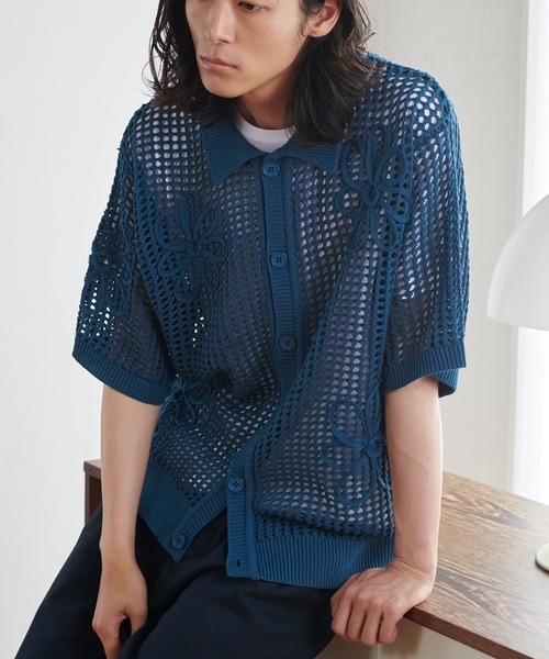 FUZZI　フッチ　イタリア製　花柄　スパンコール刺繍ネットトップス　カットソー ONCILY シャツ FLOWER CODE EMBROIDERY MESH SHIRT / フラワー