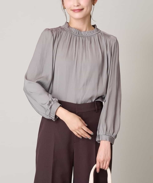 ブラウス シャツ 「洗える」Vネック ギャザー ブラウス（S〜M） レディース Lace Ladies ブラウス シャツ サテン調Vネック絞りギャザー