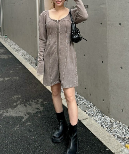 rienda ワンピース デニム風カットタイトミニワンピース