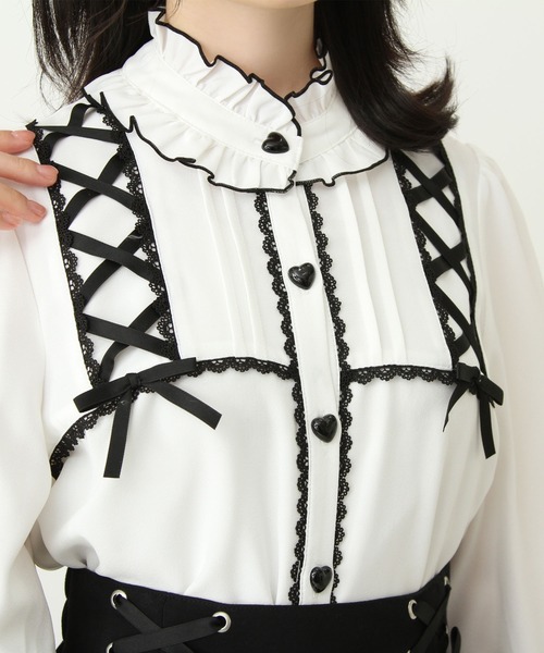 DearMyLove ブラウス シャツ レースアップフリル襟ブラウス レディース