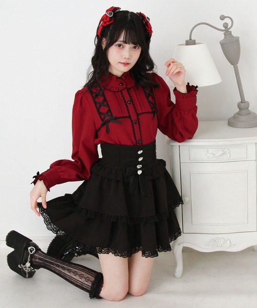 DearMyLove ブラウス シャツ レースアップフリル襟ブラウス レディース