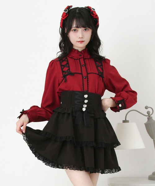 DearMyLove ブラウス シャツ レースアップフリル襟ブラウス レディース