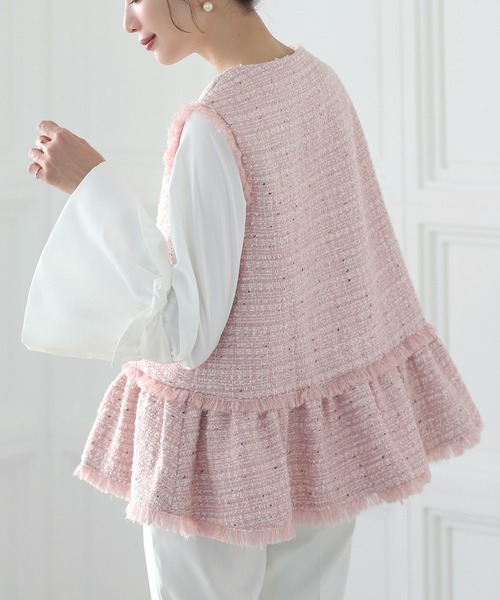 meraki メラキ　フリンジ Vネックツイードベスト ジレ　ピンク MERAKI ベスト ジレ ツイードジレ レディース : ZOZOTOWN Yahoo!店