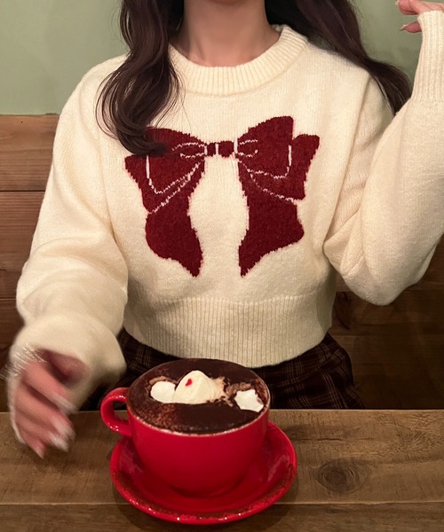 apresjour 【8周年記念アイテム】クロス紐付きフロントリボンニット