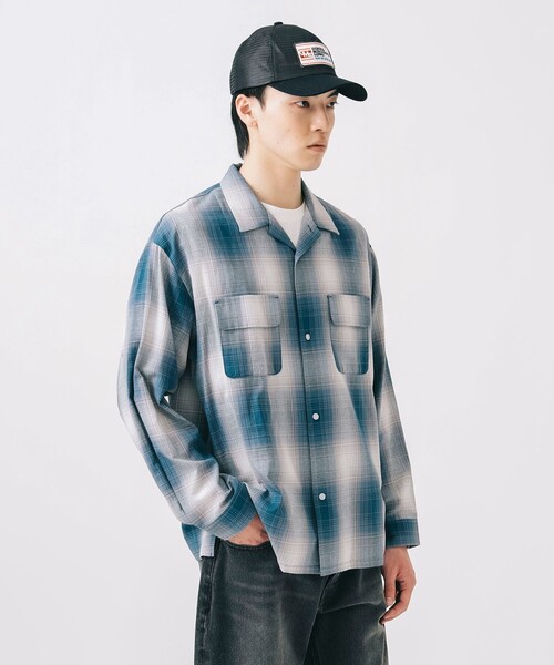 BEAMS HEART シャツ カラミ オンブレーチェック オープンカラー