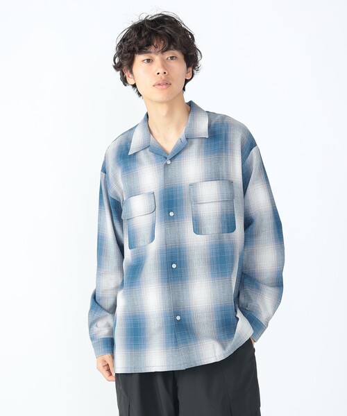 BEAMS HEART シャツ カラミ オンブレーチェック オープンカラー