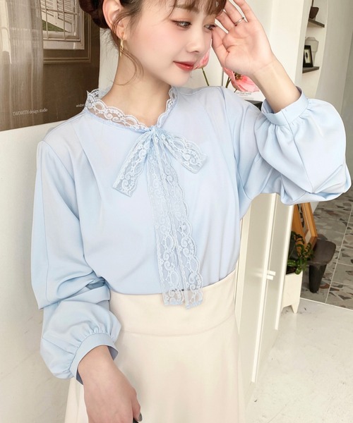 moment+ ブラウス シャツ 袖2WAYレースボウタイブラウス レディース