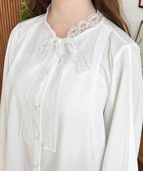 シエラ ボウタイ ブラウス シャツ 長袖 レース ビーズ 花 ホワイト サテン Lace Ladies（レースレディース） ブラウス シャツ ボウタイ付きレース