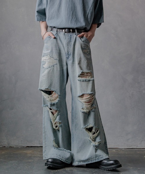 【限定価格】HARE ダメージワイドデニムパンツ　M HARE ジーンズ ワイドダメージデニムパンツ(HARE) メンズ