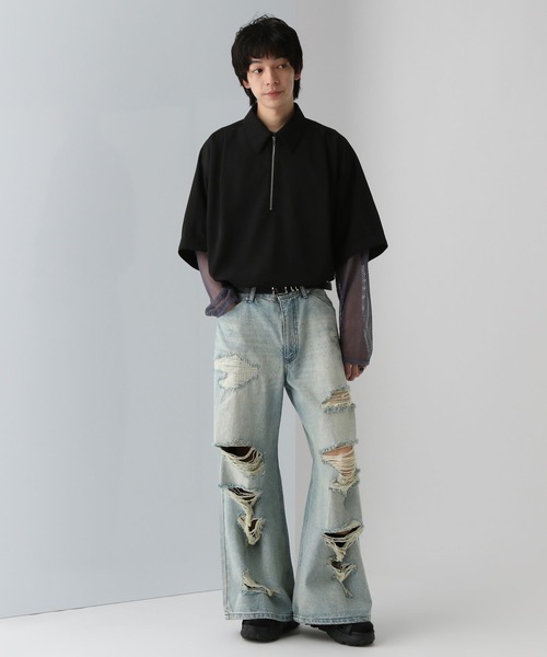【限定価格】HARE ダメージワイドデニムパンツ　M HARE ジーンズ ワイドダメージデニムパンツ(HARE) メンズ