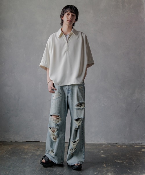 【限定価格】HARE ダメージワイドデニムパンツ　M HARE ジーンズ ワイドダメージデニムパンツ(HARE) メンズ