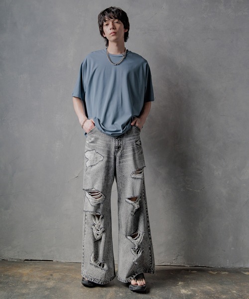 【限定価格】HARE ダメージワイドデニムパンツ　M HARE ジーンズ ワイドダメージデニムパンツ(HARE) メンズ