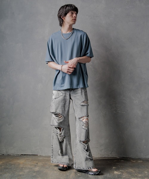【限定価格】HARE ダメージワイドデニムパンツ　M セール】ワイドシルエット クラッシュダメージデニムパンツ