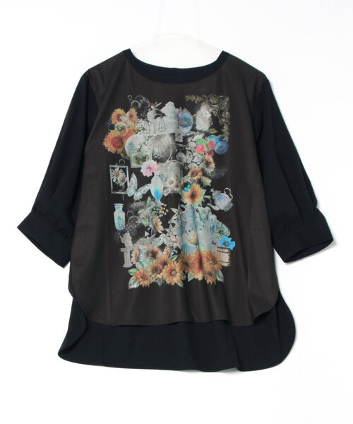 tシャツ 552231：ひまわりコラージュ柄プルオーバー レディース iS ScoLar tシャツ 552231：ひまわりコラージュ柄プルオーバー