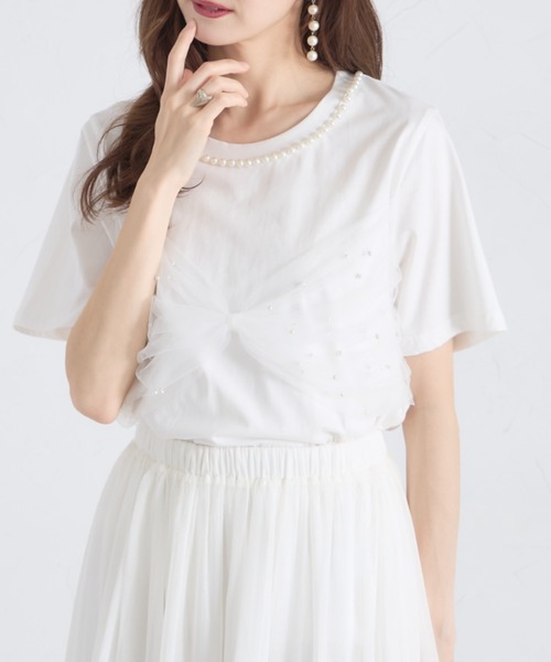 tシャツ 「ZOZO限定」チュールリボン×パールTシャツ レディース