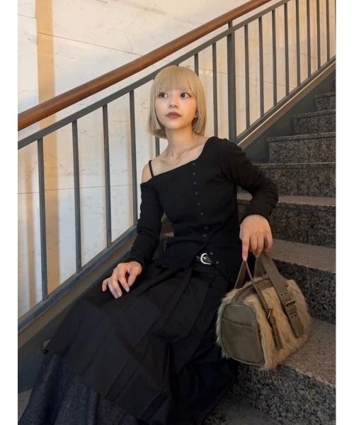 as' on アシンメトリー長袖トップス S ブラック SLY（スライ） tシャツ ASYMMETRY BUTTON TOPS アシンメトリー ボタン