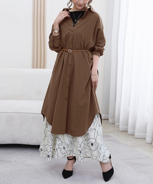 近年モデル　45R ロングシャツワンピース　七分袖ワンピース　Aライン　刺繍 ReRe シャツワンピース Iラインシルエットロングシャツワンピース