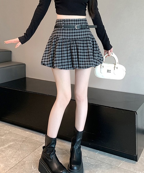 leune（ルネ） スカート ベルト付きチェック柄バルーンスカート