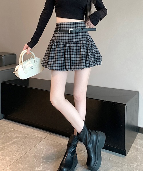 leune（ルネ） スカート ベルト付きチェック柄バルーンスカート