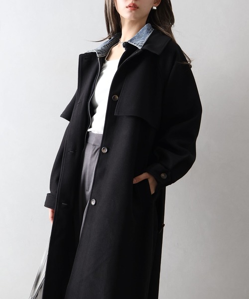 LEONARD　黒のロングコート 花柄袖口デザイン LEONARD 黒のロングコート 花柄袖口デザイン LEONARD 黒のロングコート