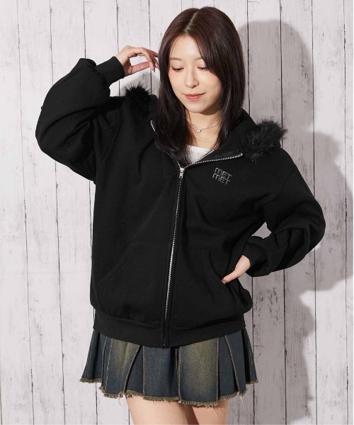 Novelbright 黒ZIPパーカー裏起毛 パーカー 「ファーフード×裏起毛」レディース ジップパーカー
