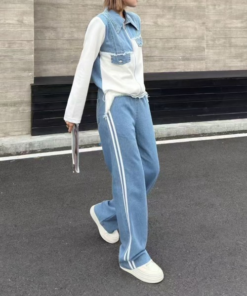 MOUSSY　激かわ♡　スウェットデニム　セットアップ　かなりおすすめ！ FAVORITO セットアップ スウェット切り替えデニムトップスパンツ